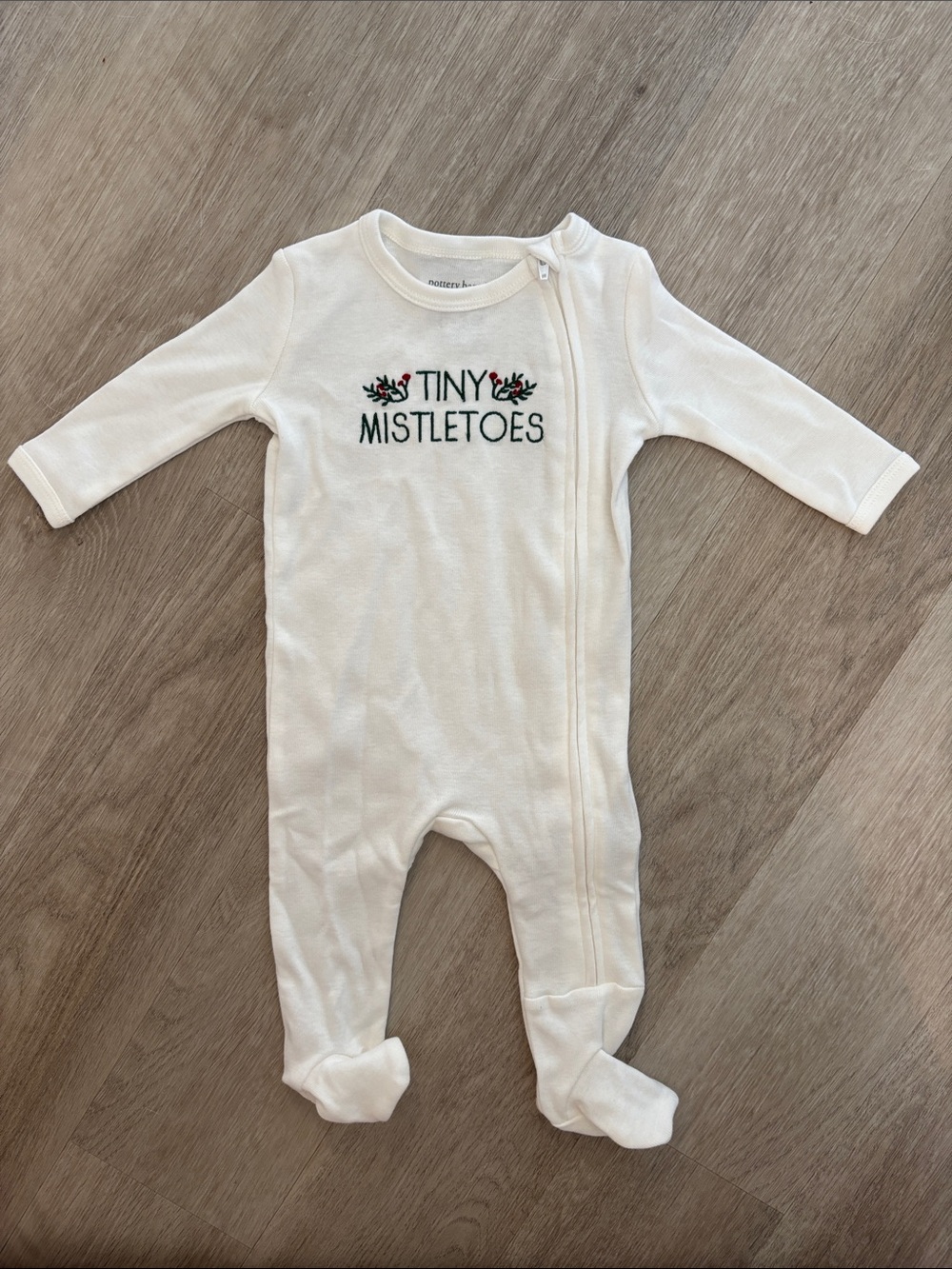 Pottery Barn Kids White Footed One-Piece with Tiny Mistletoes Embroidery